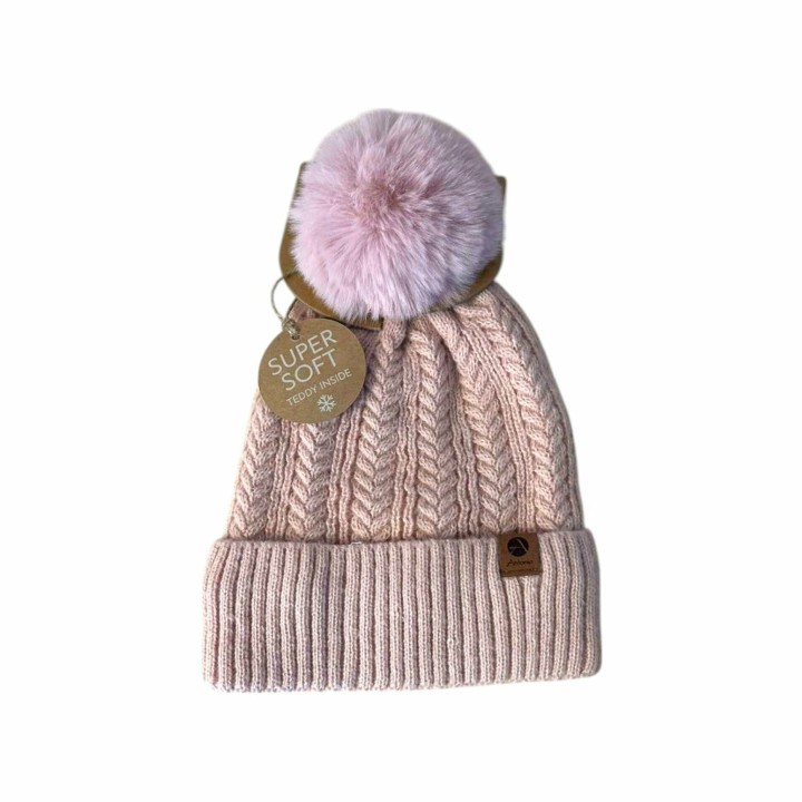 Winter Damen Mütze » Bommelmütze Nora Mit Teddy » Strickmütze mit Flechtoptik » Wintermütze mit Bommel - Rosa