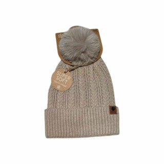 Winter Damen Mütze » Bommelmütze Nora Mit Teddy » Strickmütze mit Flechtoptik » Wintermütze mit Bommel - Beige