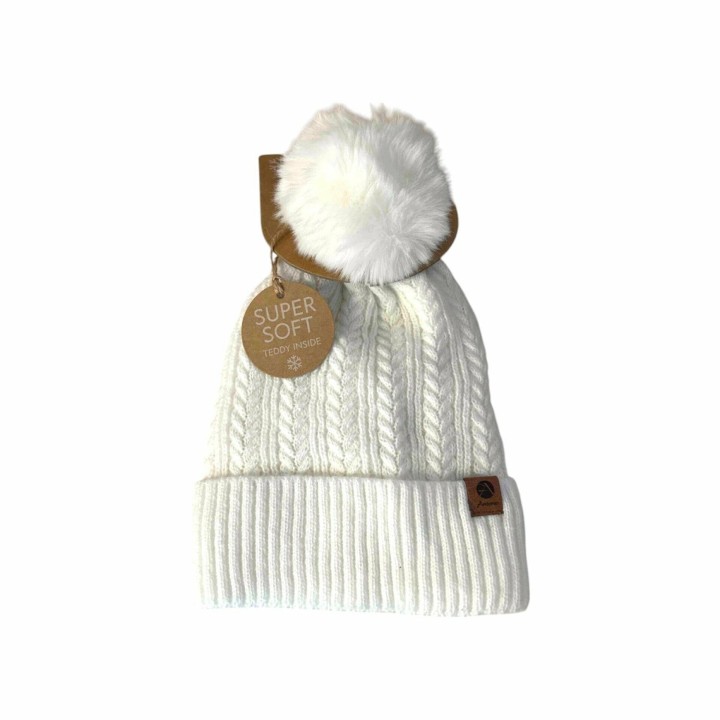 Winter Damen Mütze » Bommelmütze Nora Mit Teddy » Strickmütze mit Flechtoptik » Wintermütze mit Bommel - Weiß