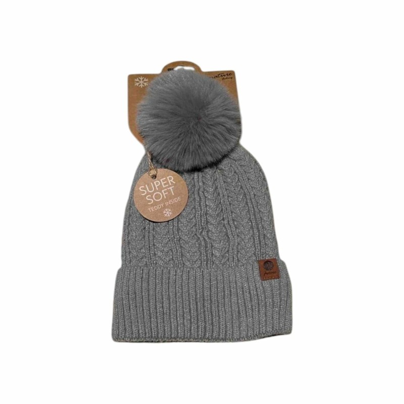 Winter Damen Mütze » Bommelmütze Nora Mit Teddy » Strickmütze mit Flechtoptik » Wintermütze mit Bommel - Grau