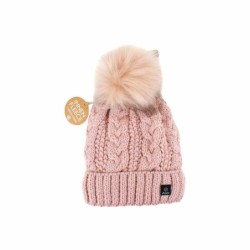 Strickmütze für Damen » gefütterte Wintermütze mit Fleece » Bommelmütze » Damenmütze mit Zopfmuster - Hellrosa