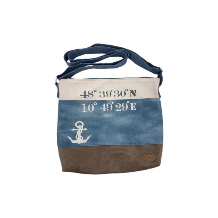 Damen Umhängetasche » Maritimer Vintage Stil » Weiß/Blau/Braun ca. 28 x 32 cm » Damen Handtasche » maritime Tasche mit Schult