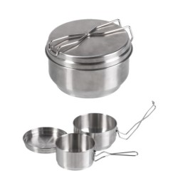 Tschechisches Kochgeschirr 3-teilig Edelstahl mit 2 Pfannen und Deckel/Teller
