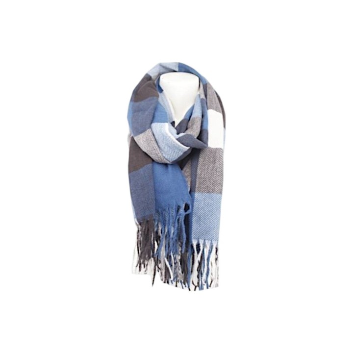 Winter Damen Schal » Cashmera Soft » Winterschal Karo Muster » Damenschal » Fransenschal 180 x 65 cm - Blau