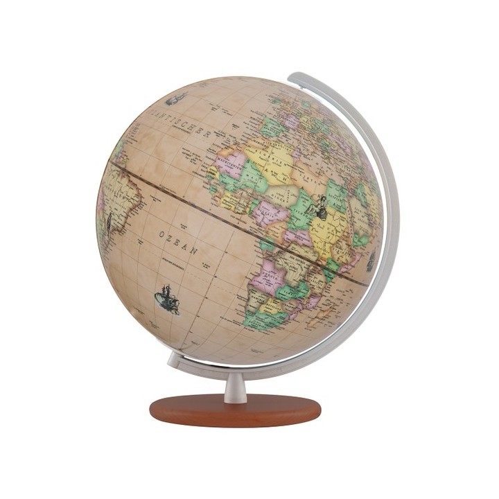 Globus Renaissance. Silberner Meridian mit dunklem Holzfuß.