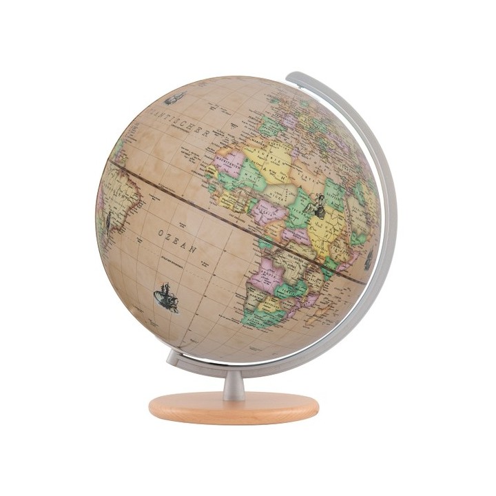 Globus »Renaissance«. Silberner Meridian mit hellem Holzfuß.