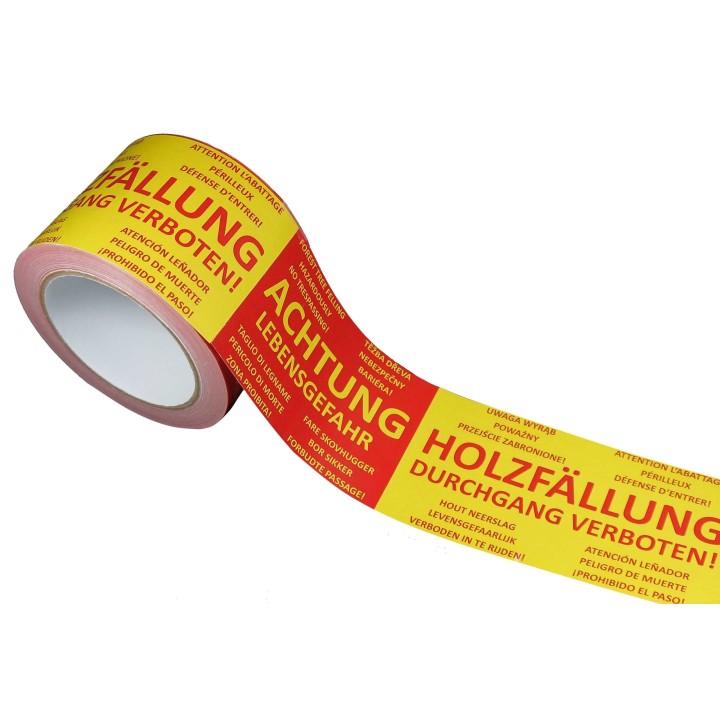 Absperrband ACHTUNG Holzfällung 9-sprachig 75mm 100m - 0,07 €/m