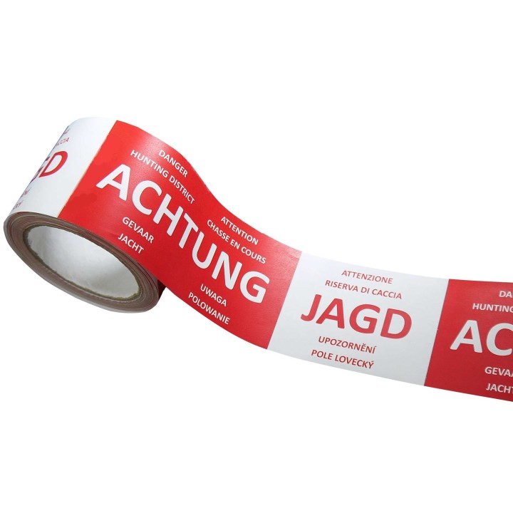Absperrband ACHTUNG Jagd 7-sprachig 75mm 100m - 0,07 €/m